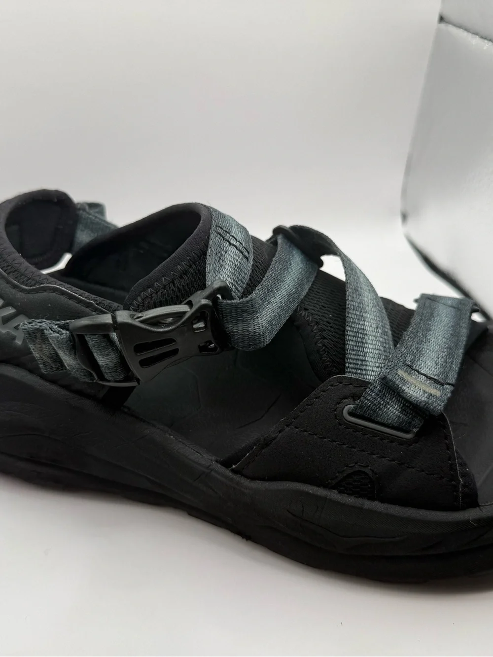 Hoka men’s infini Casual Strappy Sport Sandals in Black with Blue Straps